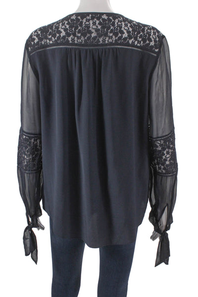 Rebecca Taylor Womens Silk Tunic Blouse Blue Henley Long Sleeve Button Size 10