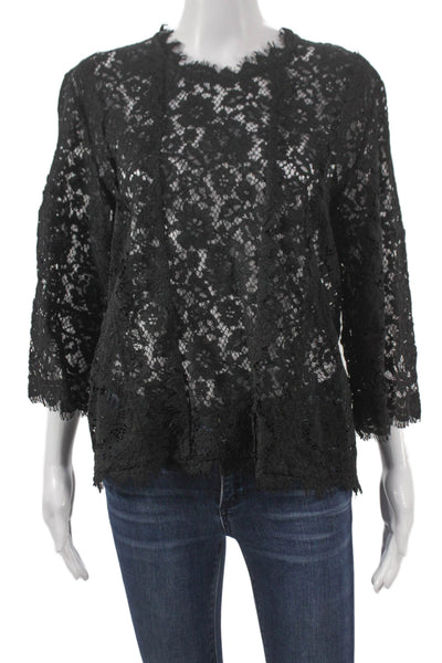 IRO Womens Black Floral Basic Blouse Round Neck 3/4 Sleeve Size 36