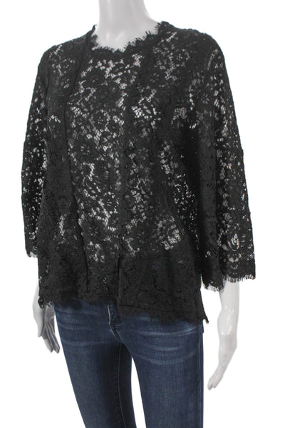 IRO Womens Black Floral Basic Blouse Round Neck 3/4 Sleeve Size 36