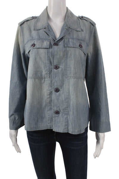 Amo Women Military Jacket Blue Cotton Long Sleeve Collared Button Size M