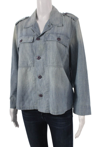 Amo Women Military Jacket Blue Cotton Long Sleeve Collared Button Size M