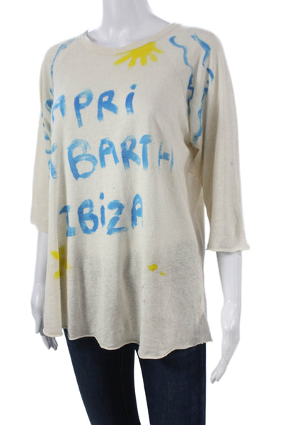 Love Tanjane Women Tunic 3/4 Sleeve Hemp Beige Graphic Crew Neck Size M