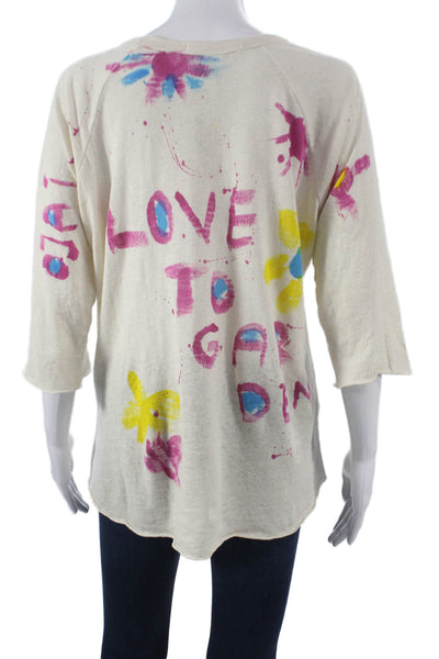Love Tanjane Women Tunic 3/4 Sleeve Hemp Beige Graphic Crew Neck Size M