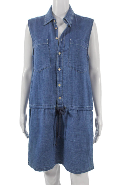 Mother Women Shirt Dress Blue Cotton Collared Sleeveless Button Short Size M