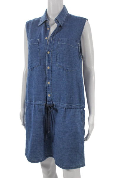 Mother Women Shirt Dress Blue Cotton Collared Sleeveless Button Short Size M
