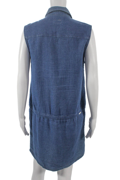 Mother Women Shirt Dress Blue Cotton Collared Sleeveless Button Short Size M