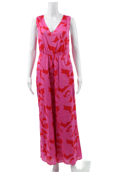 Vineyard Vines Women Pink Floral Cotton V-Neck Sleeveless Jumpsuit Tie Size 2