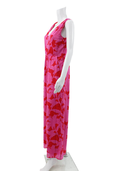 Vineyard Vines Women Pink Floral Cotton V-Neck Sleeveless Jumpsuit Tie Size 2