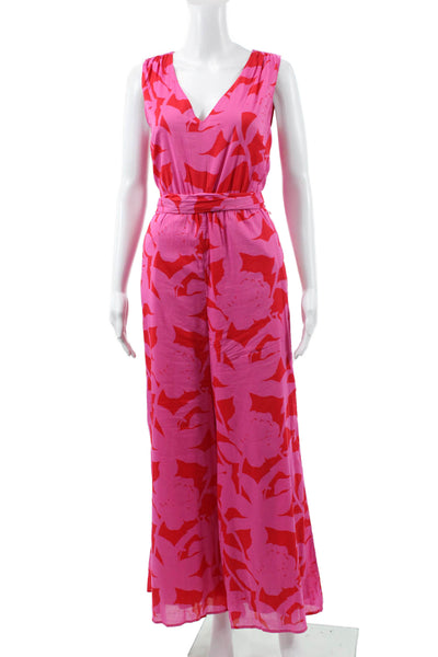 Vineyard Vines Women Pink Floral Cotton V-Neck Sleeveless Jumpsuit Tie Size 2