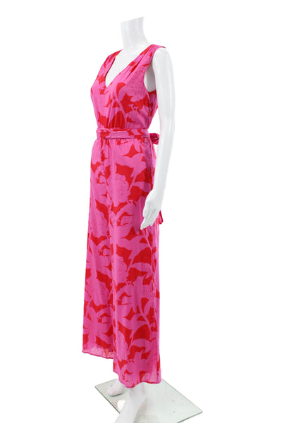 Vineyard Vines Women Pink Floral Cotton V-Neck Sleeveless Jumpsuit Tie Size 2