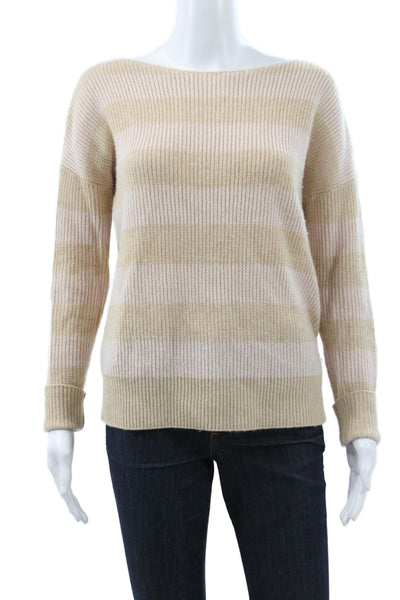 Theory Womens Cashmere Striped Boat Neck Long Sleeve Pullover Beige Size S