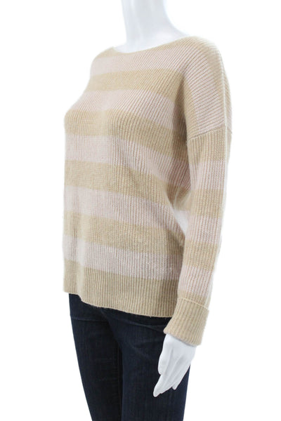 Theory Womens Cashmere Striped Boat Neck Long Sleeve Pullover Beige Size S