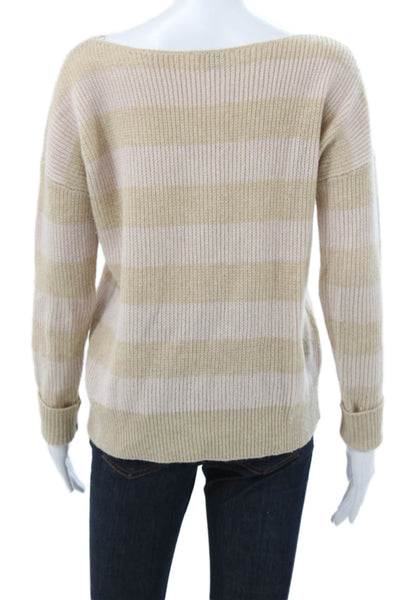 Theory Womens Cashmere Striped Boat Neck Long Sleeve Pullover Beige Size S