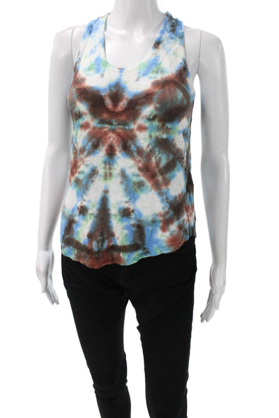 YFB Womens Sleeveless Linen Scoop Neck Geometric Basic Tank Blue Size XS