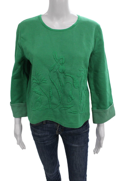 Moth Womens Floral Crew Neck Pullover Sweater Green 3/4 Sleeve Size M