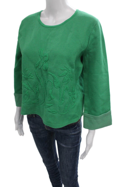 Moth Womens Floral Crew Neck Pullover Sweater Green 3/4 Sleeve Size M