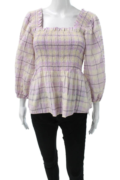 Ganni Womens Multicolor Plaid Square Neck Long Sleeve Blouse Size 34