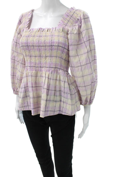 Ganni Womens Multicolor Plaid Square Neck Long Sleeve Blouse Size 34