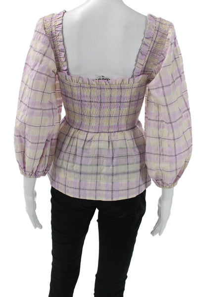 Ganni Womens Multicolor Plaid Square Neck Long Sleeve Blouse Size 34
