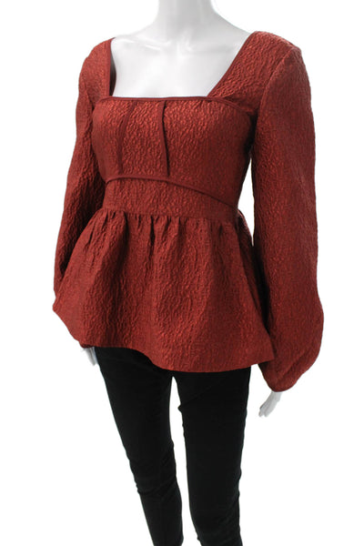 Jonathan Simkhai Women Peplum Top Orange Floral Square Neck Long Sleeve Size 2