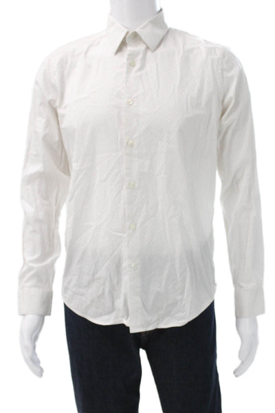 Theory Mens White Button Up Cotton Geometric Collared Long Sleeve Shirt Size S