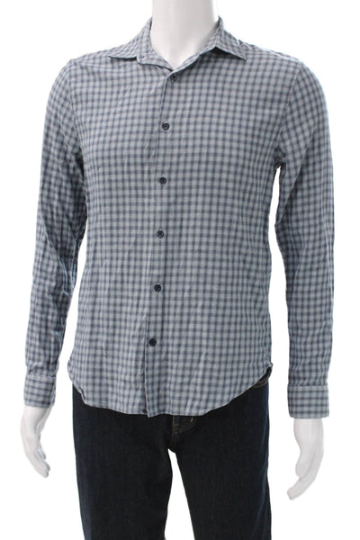 Vince Mens Blue Check Collared Button Up Shirt Cotton Blend Long Sleeve Size S
