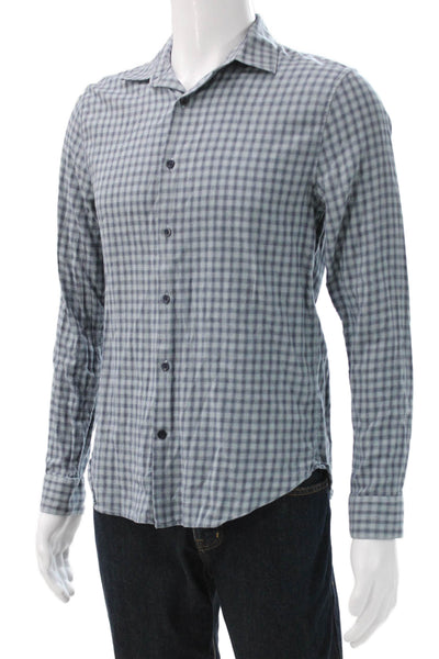 Vince Mens Blue Check Collared Button Up Shirt Cotton Blend Long Sleeve Size S