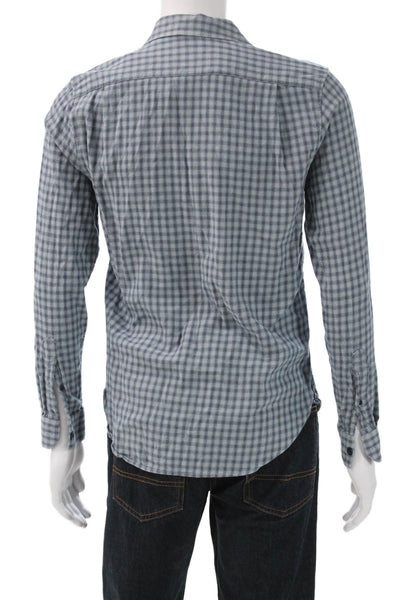 Vince Mens Blue Check Collared Button Up Shirt Cotton Blend Long Sleeve Size S