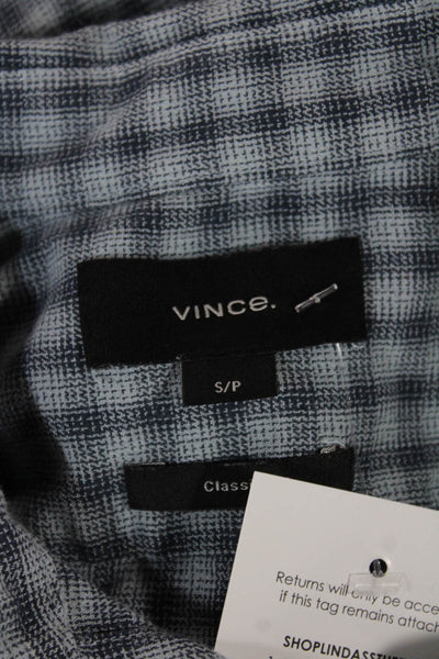 Vince Mens Blue Check Collared Button Up Shirt Cotton Blend Long Sleeve Size S