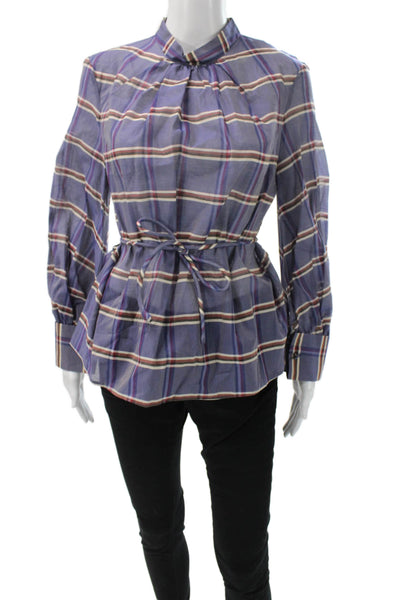 Brock Collection Womens Tunic Silk Plaid TieNeck Button Long Sleeve Blue Size 6