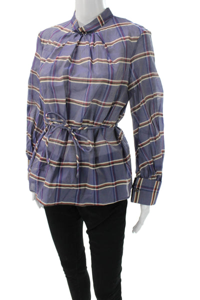 Brock Collection Womens Tunic Silk Plaid TieNeck Button Long Sleeve Blue Size 6