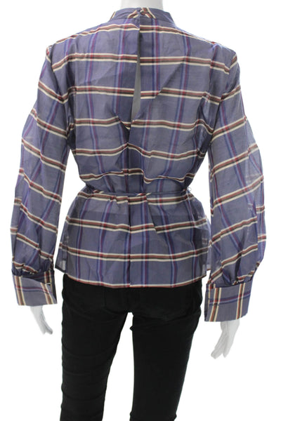 Brock Collection Womens Tunic Silk Plaid TieNeck Button Long Sleeve Blue Size 6