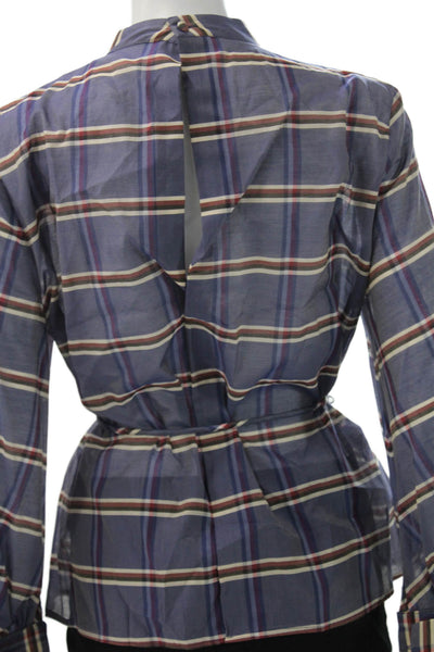 Brock Collection Womens Tunic Silk Plaid TieNeck Button Long Sleeve Blue Size 6
