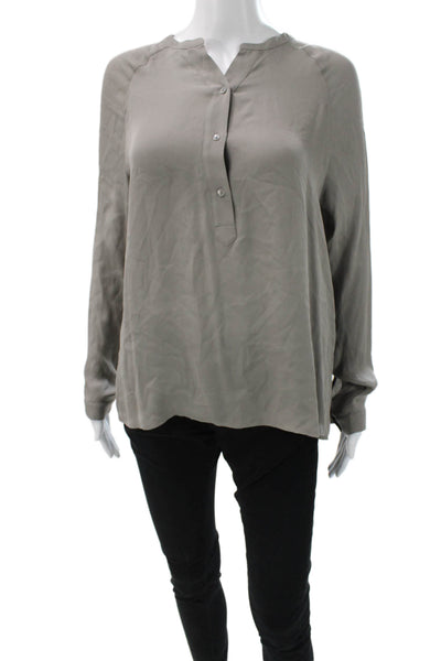 Vince Women Silk Henley Button Long Sleeve Blouse Gray Basic Size XS