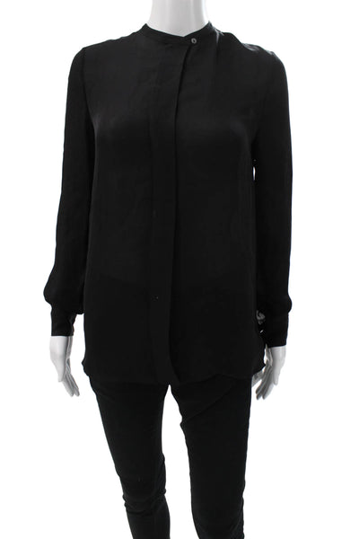 Vince Womens Basic Silk Collared Button Long Sleeve Blouse Black Size 2