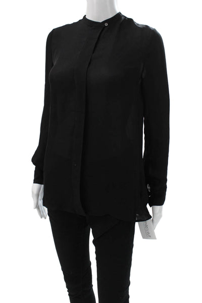 Vince Womens Basic Silk Collared Button Long Sleeve Blouse Black Size 2