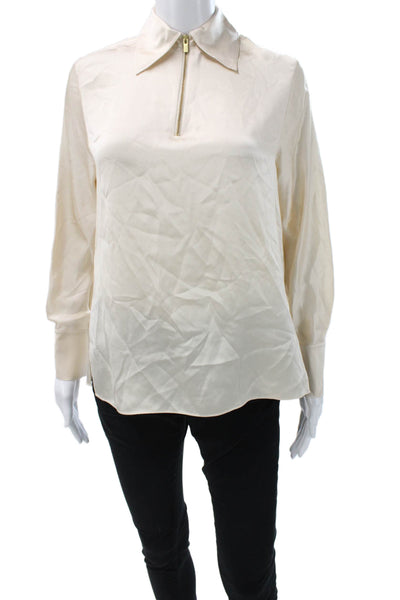Vince Womens Beige Silk Collared Long Sleeve Zip Basic Blouse Size 2XS Petites