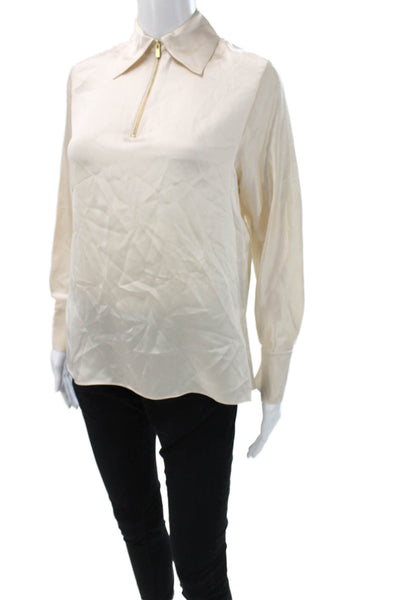 Vince Womens Beige Silk Collared Long Sleeve Zip Basic Blouse Size 2XS Petites