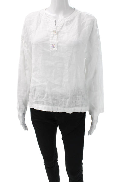 Zara Women Basic Henley Button Linen Blend Blouse White Long Sleeve Size XS