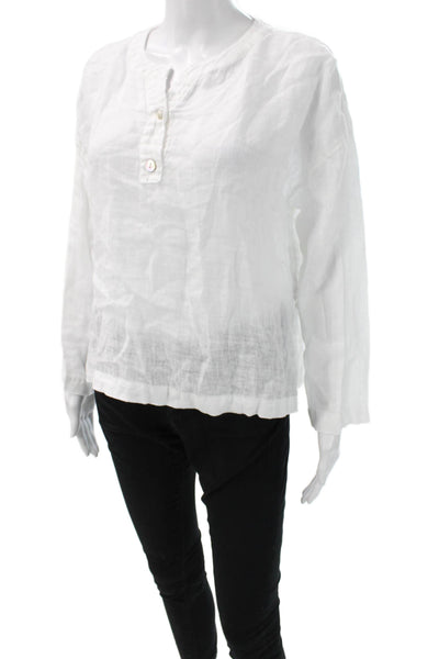 Zara Women Basic Henley Button Linen Blend Blouse White Long Sleeve Size XS