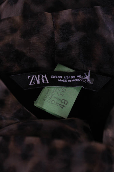 Zara Womens Basic Animal Print High Neck Button Long Sleeve Blouse Size XS