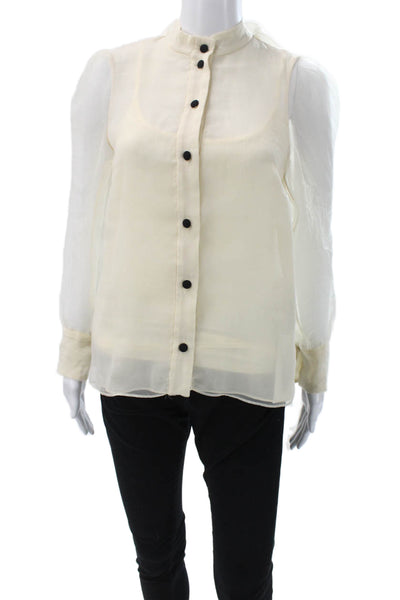 Zara Women Collared Organza Long Sleeve Basic Blouse Ivory Button Size XS