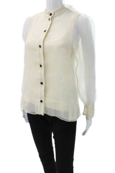 Zara Women Collared Organza Long Sleeve Basic Blouse Ivory Button Size XS