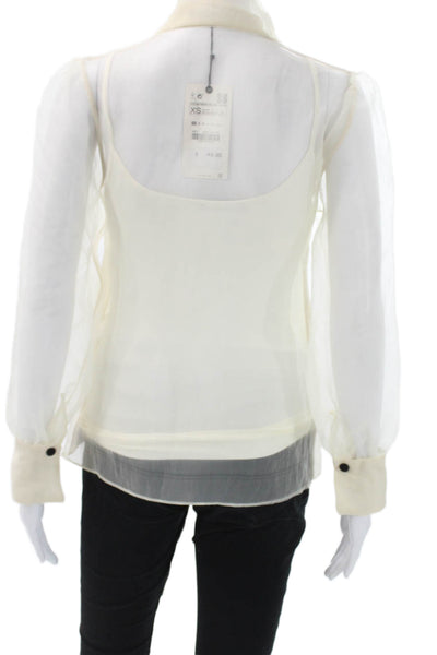 Zara Women Collared Organza Long Sleeve Basic Blouse Ivory Button Size XS