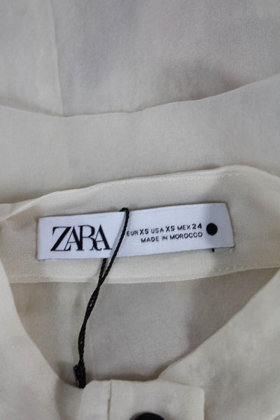 Zara Women Collared Organza Long Sleeve Basic Blouse Ivory Button Size XS