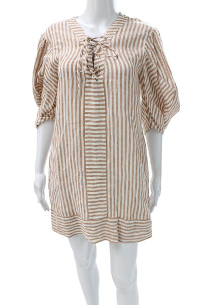 Rhode Womens Brown Striped Linen V-Neck Mini Dress Half Sleeve Lace Up Size XS