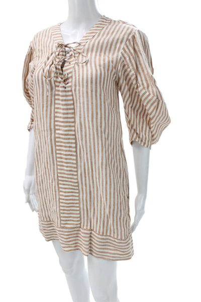 Rhode Womens Brown Striped Linen V-Neck Mini Dress Half Sleeve Lace Up Size XS