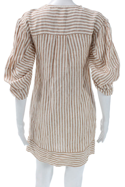 Rhode Womens Brown Striped Linen V-Neck Mini Dress Half Sleeve Lace Up Size XS