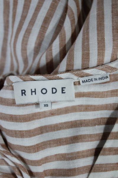 Rhode Womens Brown Striped Linen V-Neck Mini Dress Half Sleeve Lace Up Size XS