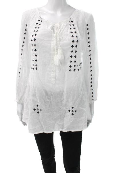 India Collection Womens Tunic Blouse White Cotton Henley Long Sleeve Size XS